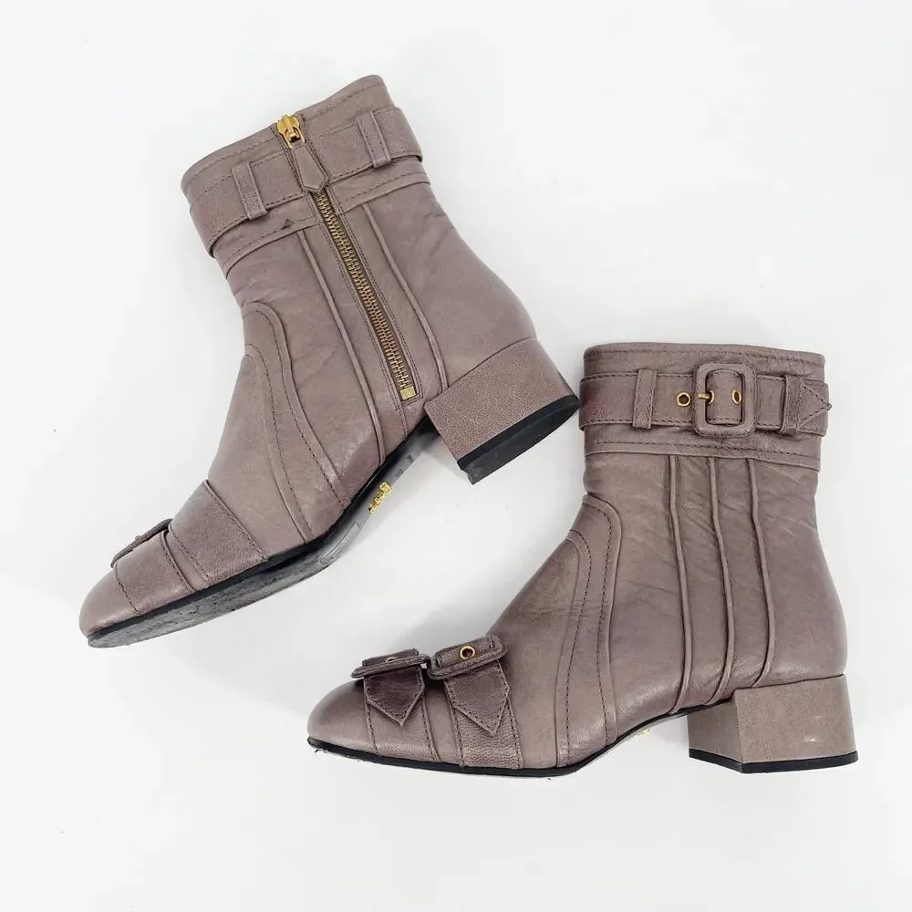 Prada F/W 2017 Dove Gray Multi Buckle Moto Grunge Square Toe Ankle Boot IT 37.5